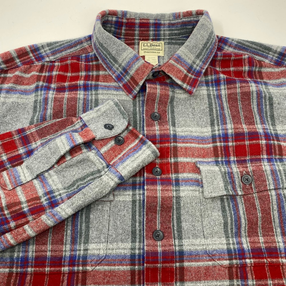 L.L. Bean Red Gray Blue Plaid 2XLT Long Sleeve Button Up Cotton Flannel Shirt